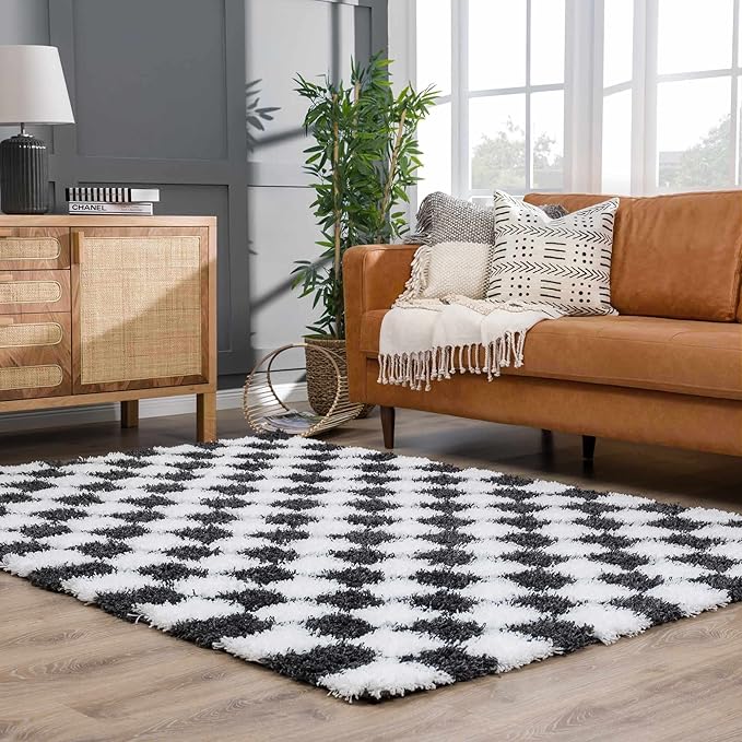 Hauteloom Atira Contemporary Checkered Fluffy Shag Area Rug - Modern Geometric Carpet Tiles for Living Room, Kids Room, Nursery - Plush Pile - White,Black - 8'10" x 12'