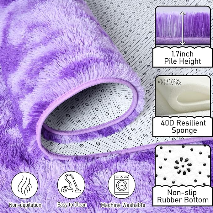 EVOIONOS Area Rug for Living Room Bedroom, Washable 5x8 Fluffy Shag Large Rug, Soft Plush Non Slip Carpet for Indoor Floor Bedside Nursery Girls Kids Room, Dorm, Home Decor Aesthetic, Tie-Dyed Purple