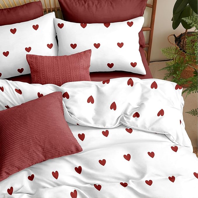 Red Duvet Cover Twin Size Heart Bedding Set Kids Boys Girls Cute Love Pattern Soft Breathable Reversible Fall Christmas Duvet Cover Set 2 Pieces with 1 Pillowcase