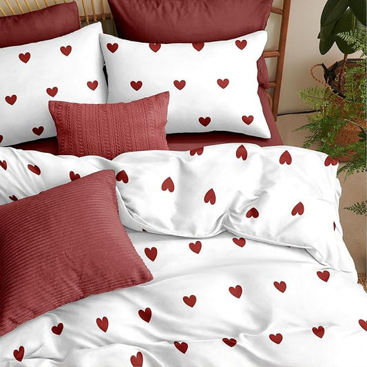 Red Duvet Cover Twin Size Heart Bedding Set Kids Boys Girls Cute Love Pattern Soft Breathable Reversible Fall Christmas Duvet Cover Set 2 Pieces with 1 Pillowcase