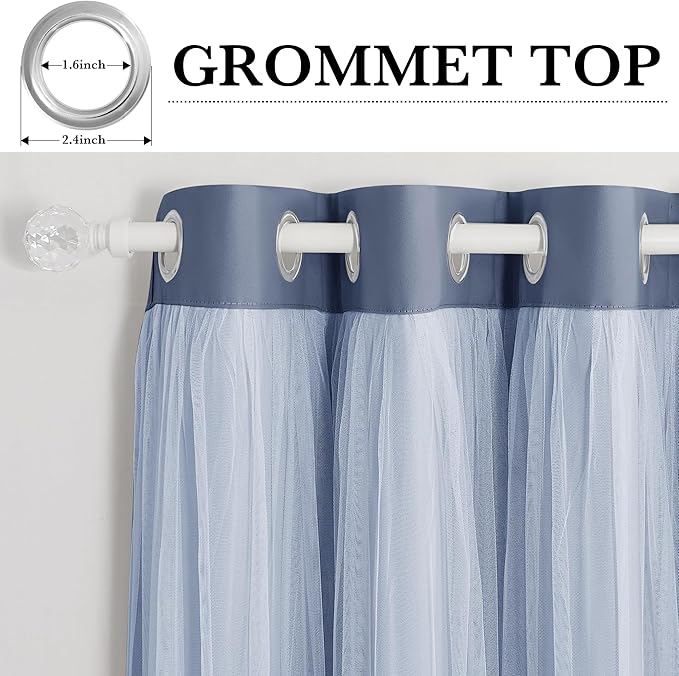 PONY DANCE Blue Haze Curtains Blackout - Room Darkening Curtains with Sheer Overlay Elegance Drapery Layered Drapes Mix and Match for Living Room/Kids Bedroom (Set of 2, 52x72 inch)
