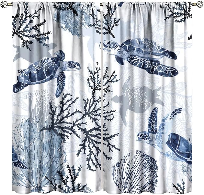 Coastal Nautical Curtains, Turtle Beach Sea Seashell Theme Pattern Blackout Print Home Bedroom Living Room Window Treatmen 2 Panel Set 42x63 Inch