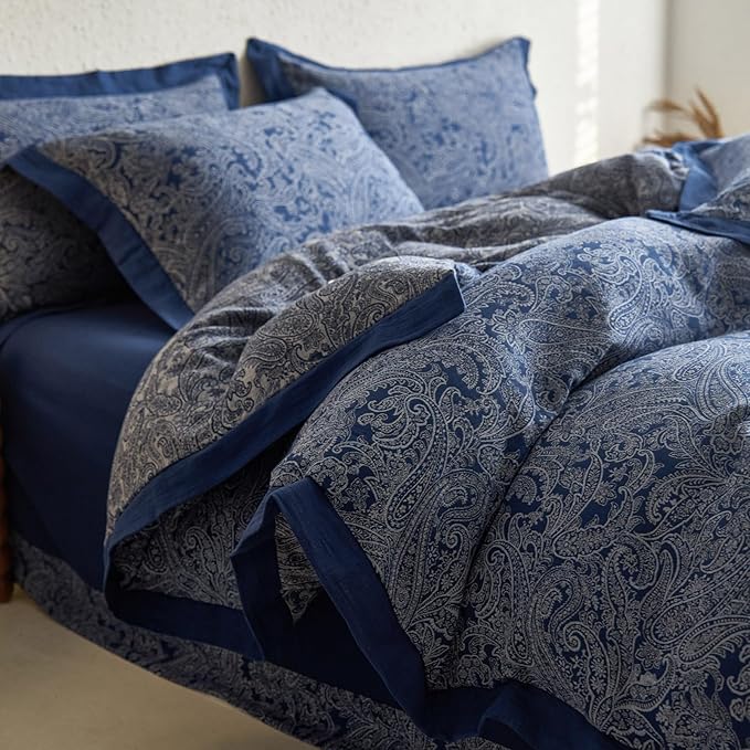 Navy Blue Duvet Cover Twin XL Vintage Boho Paisley Duvet Cover Exquisite Jacquard Bedding Set Cotton Linen Yarn-Dyed Textured Duvet Cover Cozy Breathable Floral Boho Bedding Comforter Cover Twin XL