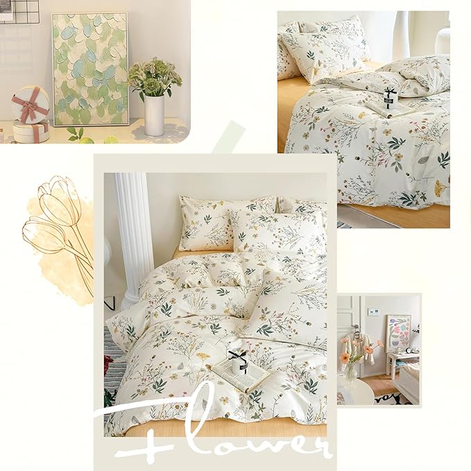 Cotton Duvet Cover King Botanical Bedding Set Yellow Floral Duvet Cover Set King Cottagecore Coquette Comforter Cover with Zipper,Garden Style Green Branches Bedding Duvet Cover Chic King 3 Piece