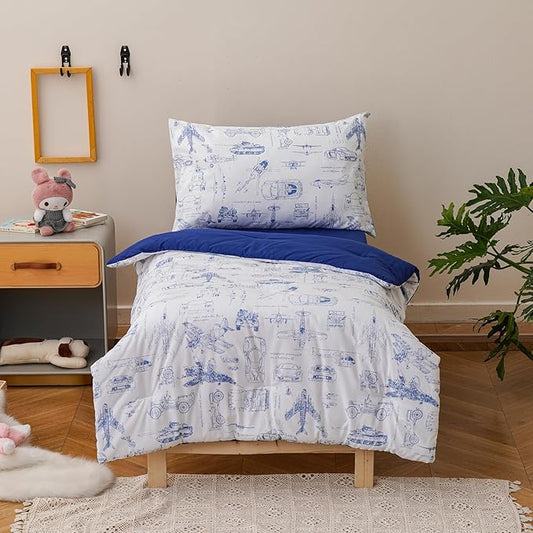 KAREVER Cartoon Toddler Bedding Set Vehicles Print 4 Pieces Crib Bed Set Kids White Blue Car Plane Print Comforter Set