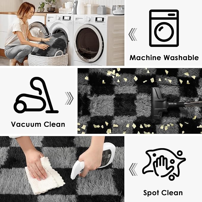 KICMOR 8x10 Area Rugs for Living Room, Large Fluffy Soft Black and Grey Checkered Shag Shaggy Bedroom Carpet, Big Fuzzy Plush Floor Rug for Kids Boys Girls Room Dorm Nursery Home Decor Aesthetic