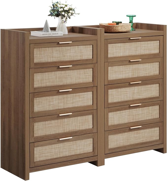 SICOTAS Dresser for Bedroom Chest of Drawers 46" Tall Dresser for Closet with 5 Rattan Drawers Boho Nightstands Set of 2 Large Clothes Storage Cabinet TV Stand for Living Room Hallway Nursery Entryway