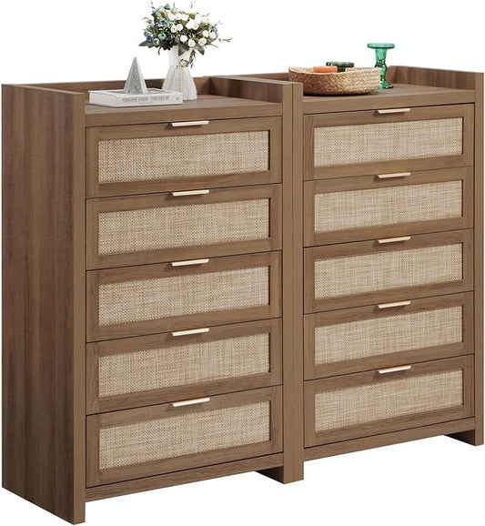 SICOTAS Dresser for Bedroom Chest of Drawers 46" Tall Dresser for Closet with 5 Rattan Drawers Boho Nightstands Set of 2 Large Clothes Storage Cabinet TV Stand for Living Room Hallway Nursery Entryway