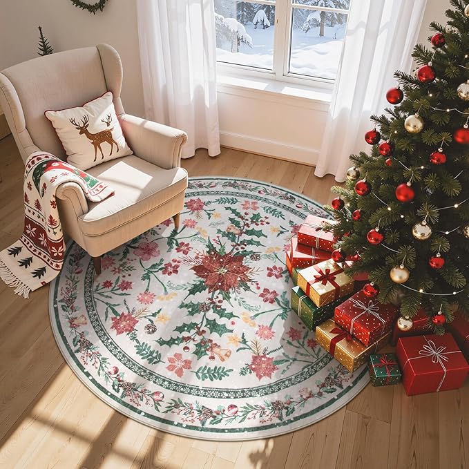 Wonnitar Round Christmas Rug Washable, Christmas Bedroom Decor 5ft Round Area Rug, Holiday Decor Under Xmas Tree Non Slip Floral Print Circle Carpets for Living Room Kitchen Dining Room