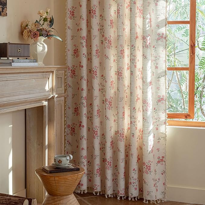 OYX Pink Boho Floral Curtains 84 Inch Long 2 panels, French Vintage Farmhouse Patterned Decor Window Drapes With Tassels, Girls Semi-Sheer Light Filtering For Bedroom Living Room (Rod Pocket, 52Wx84L)