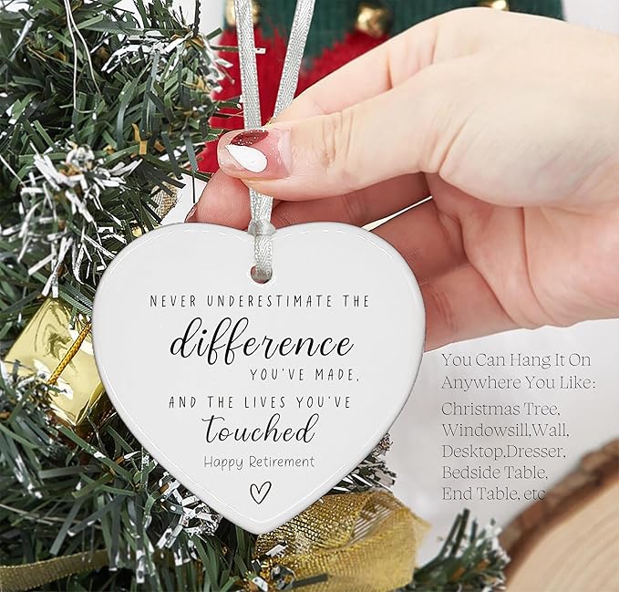 Heart Shaped Christmas Ornament-Colleague Retirement Gift-Farewell Goodbye Leaving Appreciation Present for Coworker Boss Leader Teacher-Motivational Keepsake-Never Underestimate The Difference