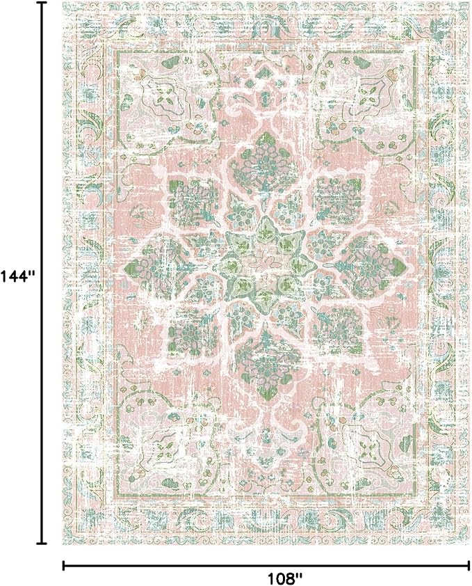 Vhong Boho Area Rugs Vintage Washable Neutral Modern Dusty Pink and Green 9x12 Non Slip Large Carpet for Nursery Living Room Dining Room Bedroom Farmhouse Girls Room
