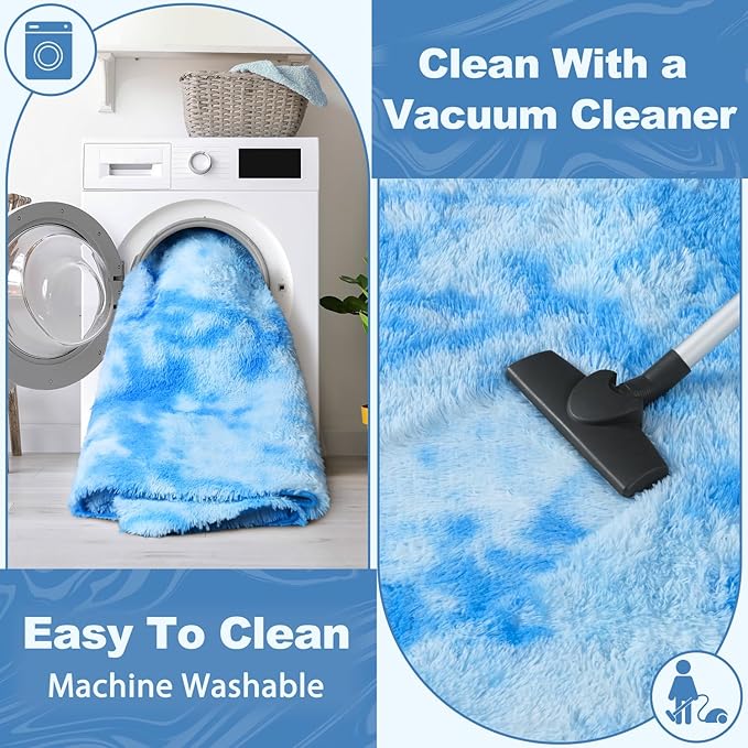 EVOIONOS Area Rug for Living Room Bedroom, Washable 6x9 Fluffy Shag Large Rug, Soft Plush Non Slip Carpet for Indoor Floor Bedside Nursery Kids Girls Room Dorm, Home Decor Aesthetic, Tie-Dyed Blue