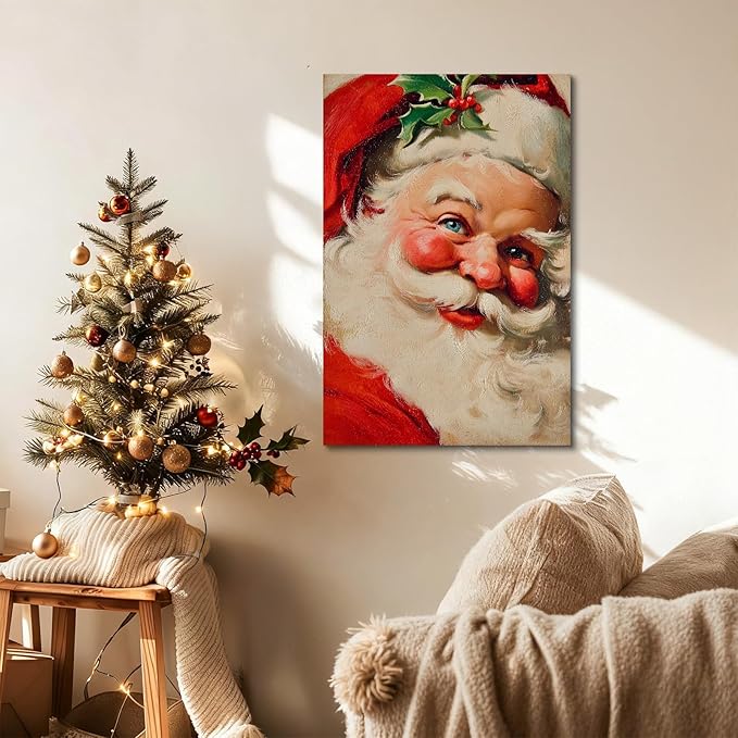 YONICA Christmas Canvas Wall Art Classic Santa 24x36 Inch Traditional Oil Painting Portrait - Large Framed Gallery Wrapped Living Room Art