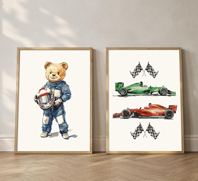 BMFLFWXE Vintage Racing Car Nursery Wall Art Teddy Bear Pictures Wall Decor Boy Navy Blue Vehicle Posters Retro Sport Painting Canvas Print Artwork for Kids Boy Room Playroom, Unframed