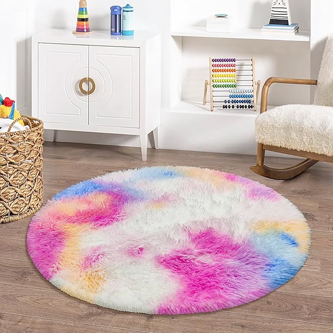 Rainbow Round Rugs 3ft Kids Rugs for Girls Bedroom, Fluffy Princess Shag Carpet Unicorn Rugs Room Decor, Small Circle Area Rugs for Baby Nursery, Toddler Room Decor