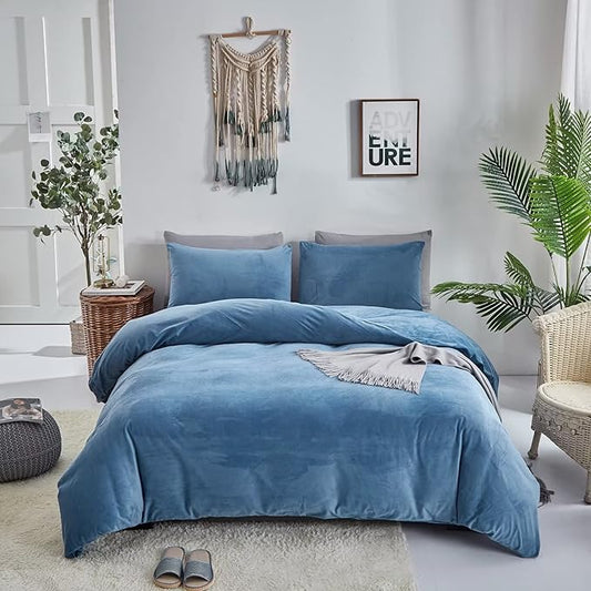 Houseri Blue Duvet Cover Queen Lake Blue Fluffy Bedding Duvet Covers Full Haze Blue Fuzzy Flannel Furry Duvet Cover Micromink Sherpa Light Blue Plush Warm Bedding Set Queen