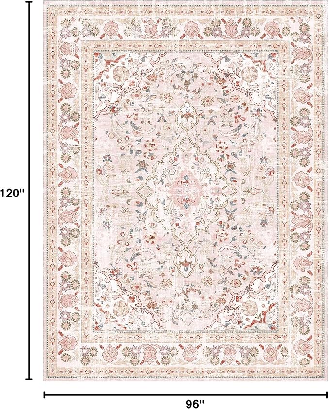 Vhong Pink Area Rugs Boho Washable Vintage Modern Neutral Large Carpet 8×10 Rugs for Dinning Room Living Room Bedroom Girls' Room Nursery Room Non Slip