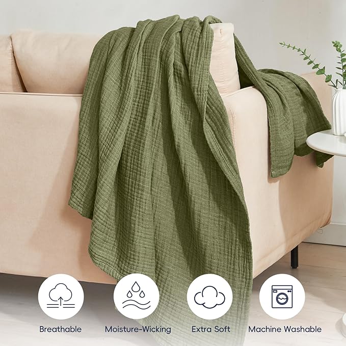 PHF 100% Cotton Muslin Throw Blanket 50" x 60", 4-Layer Lightweight Gauze Throw, Breathable Cloud-Soft Minimalist Blanket for Bed, Couch, Camping & Baby, Olive Green, Ideal Gift