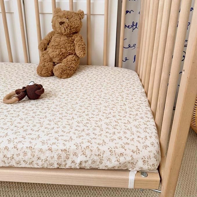 BuLuTu Muslin Pack N Play Mattress Sheets 38"x26", 2 Pack Mini Crib Fitted Sheets for Girls Boys, 100% Cotton Soft Breathable Baby Mattress Sheet 360° Mattress Wrapping, Camellia & Azalea