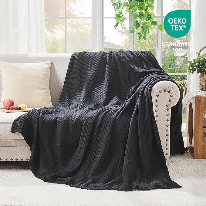 EMME Cotton Muslin Queen Blanket Bed Layering Breathable Gauze Blanket Soft Lightweight Blankets Adults (Black, 90"x90")