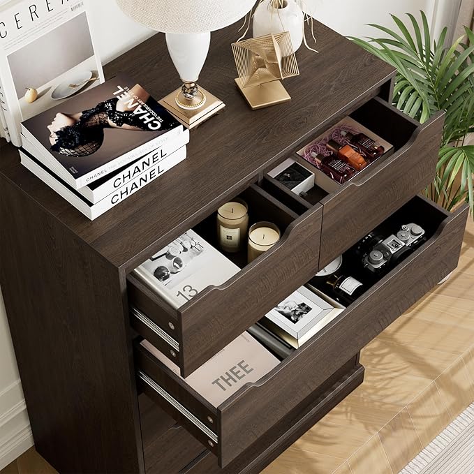 HOSTACK Modern 6 Drawer Dresser for Bedroom, Tall Chest of Drawers with Storage, Large Wood Storage Chest Organizer with Cut-Out Handle, Accent Storage Cabinet for Living Room, Hallway, Dark Brown