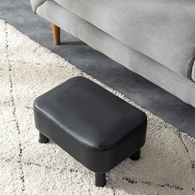 IBUYKE 16.54" Small Footstool, PU Faux Leather Step Stool, with Padded Seat Pine Wood Legs and Padded Rectangular Stool, for Bedroom, Black RF-BD210