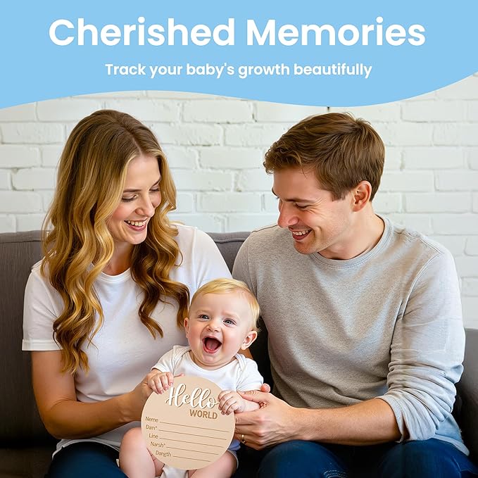 Baby Announcement Sign with Pen, 5.9 Inch Wooden Hello World Newborn Sign for Hospital, 3D Birth Announcement Board, Welcome Baby Name Signs for Nursery, Newborn Gift for Boy & Girl, White