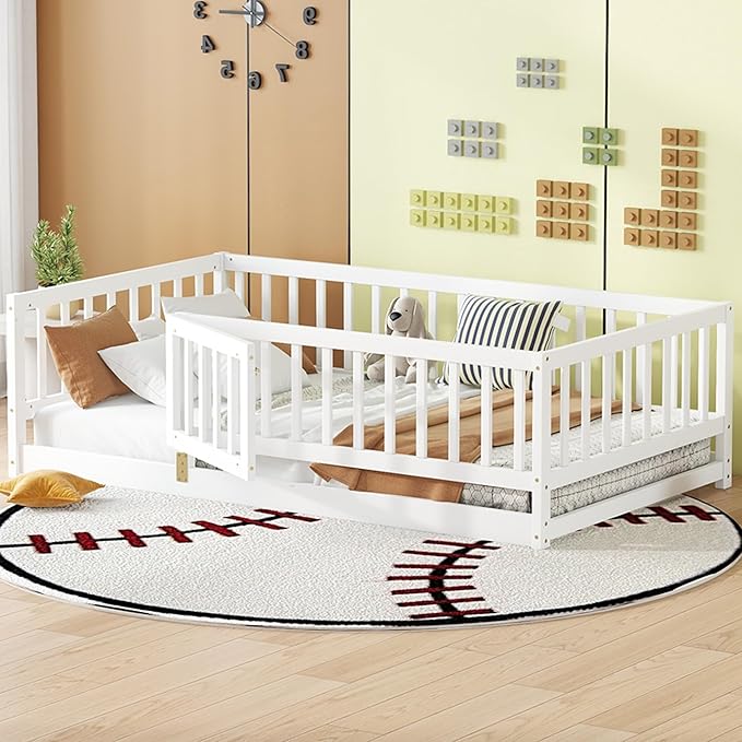 Twin Size Floor Bed Frame with Door and Slats,Montessori Floor Bed with Safety Guardrails for Girls Boys,Solid Wood Kids Montessori Bed Twin Size,White