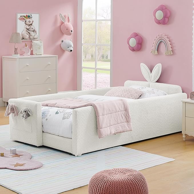 DEINPPA Twin Size Platform Bed Frame with Rabbit Ear Shaped Headboard and Pocket, Boucle Upholstered Bed Frame with Guardrail for Children Kids Boys Girls-Beige