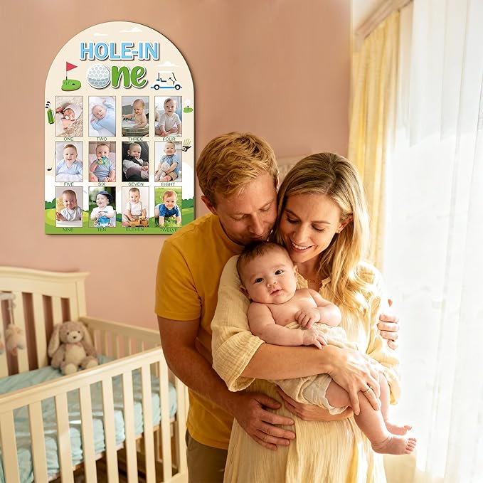 R HORSE My First Year Photo Display Wood Board - Baby’s First Year Picture Frame, 12 Months Milestone Board, 3D Golf Themed Neutral Baby Keepsake Gift One Year Old Birthday Nursery Decor for Girl Boy