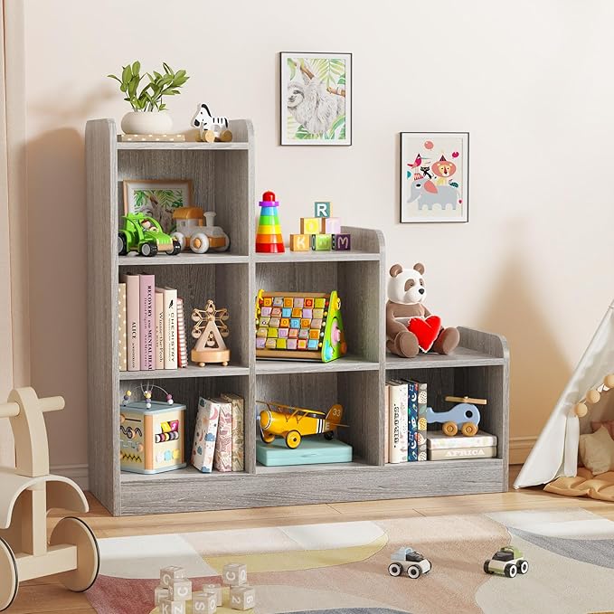 Montessori Shelf 6-Section Wooden Storage Cabinet, Kids Toy Storage Organizer Book Shelf for Kids Rooms, Classroom, Playroom, Nursery, Preschool Book Shelves