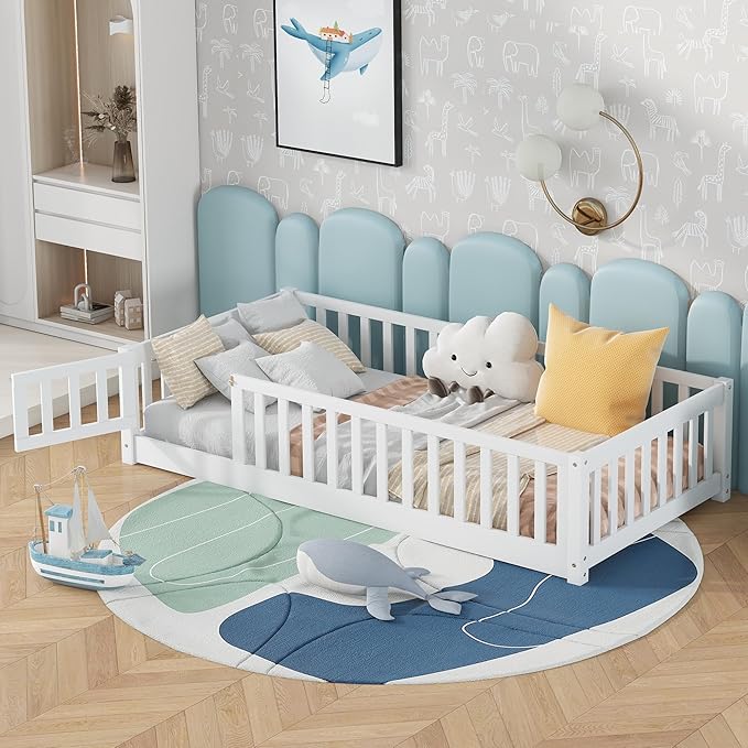 Bellemave Twin Size Floor Bed Frame with Fence and Door for Kids, Montessori Floor Bed with Slats and Safety Guardrails,Solid Wood Twin Bed Frame for Girls Boys,White