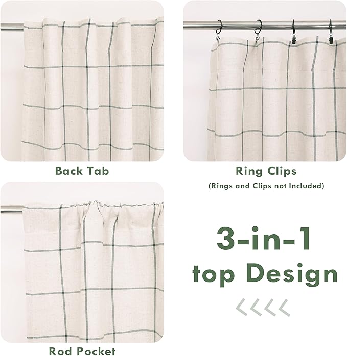 DriftAway 2 Panels 100% Blackout Windowpane Plaid Linen Curtains Double Layer Drapes for Bedroom 84 Inches Long Farmhouse Thermal Insulated 3.25 Inch Rod Pocket Back Tab for Living Room Loden Green
