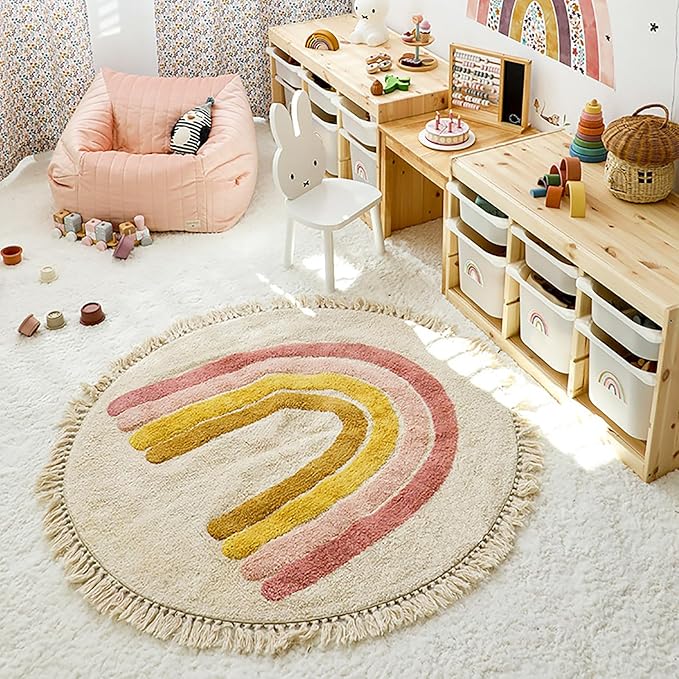 Rainbow Tassels Soft Area Rug for Girls Kids Room Washable Artificial Wool Bedroom Living Room, Kid Round Carpet Rainbow Pattern, Non-Slip Indoor Floor Carpet Home Decor, 3 Feet