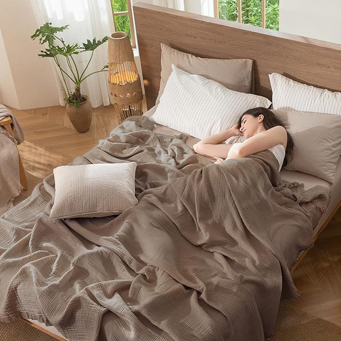 MooMee Muslin Blanket - 100% Cotton 4-Layer Gauze Throw Blanket with Tassels Ultra-Soft Breathable Lightweight Cooling for Bed Couch (Brown, Queen 90" x 90")