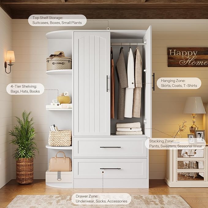 HOOBRO Wardrobe Closet with Doors, 70.9" Tall Armoire Wardrobe Closet with 4 Storage Shelves, Wooden Bedroom Armoire with 2 Drawers and Hanging Rod, Clothing Storage Cabinet for Bedroom, White