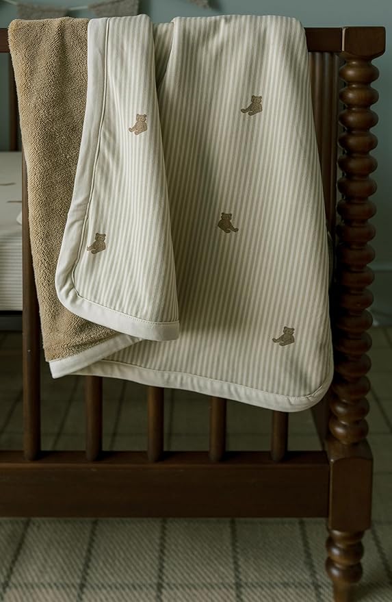 Oilo Baby Blanket, Luxury Plush Chenille Backing & Organic Cotton Jersey Print, Double Layered, 30" x 40", Rolled Jersey Edge Trim, Infant & Toddler Size, Heirloom Organic Collection, Bear