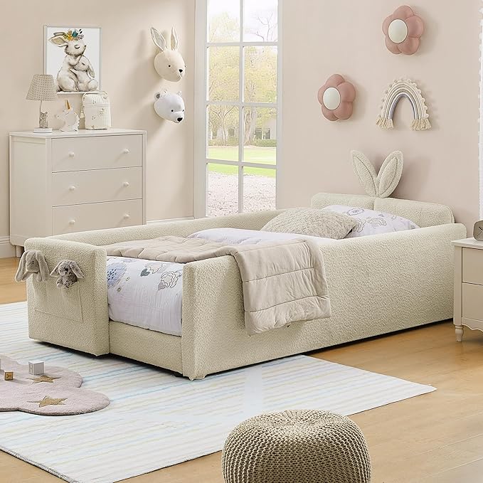 DEINPPA Twin Size Platform Bed Frame with Rabbit Ear Shaped Headboard and Pocket, Boucle Upholstered Bed Frame with Guardrail for Children Kids Boys Girls-Camel