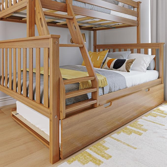 Max & Lily Bunk Bed, Twin-Over-Full Bed Frame for Kids with Trundle, Pecan