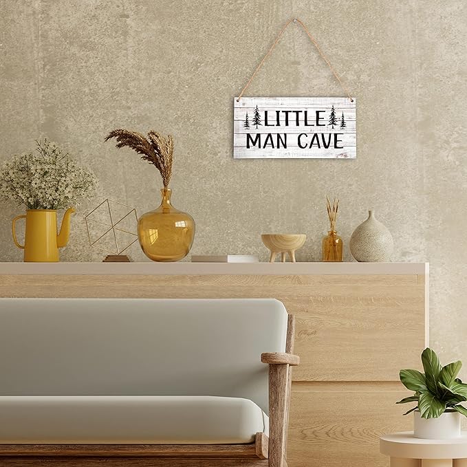 Qinkel 5"x10" Little Man Cave Wood Sign, Nursery Decor For Boys, Natural Baby Room Wall Decor, Woodland Playroom Decor, Gift for Baby Shower, Toddler Kids Bedroom Living Room Hanging Sign -A05