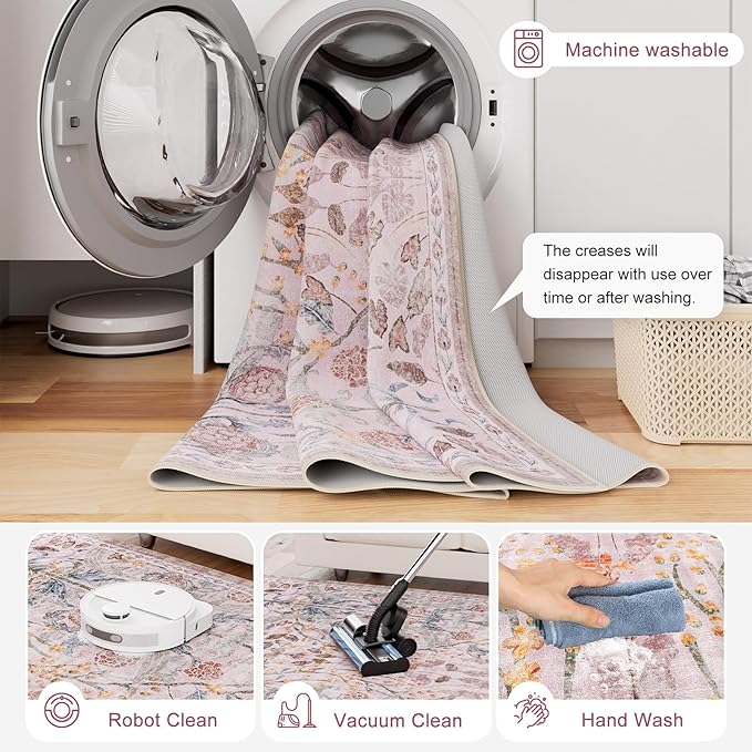 AMTOVO 2x3 Washable Entryway Area Rug Door Mat, Vintage Boho Floral Distressed Print Non-Slip Carpet, Small Throw Rug for Indoor Entrance Kitchen Bedroom Bathroom Laundry Floor, Pink