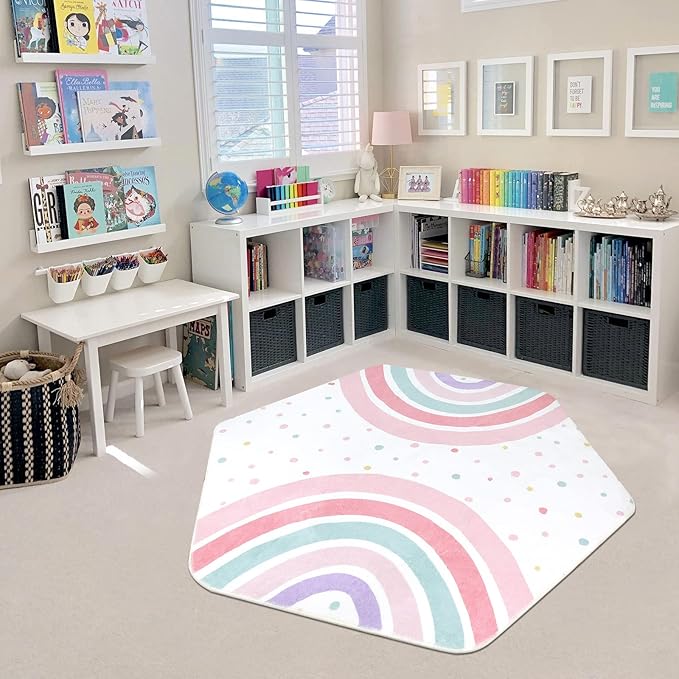 STARUIA Pink Rainbow Rug for Playroom, 55"x47" Washable Hexagon Kids Rug for Baby Girls Princess Tent Castle, Non-Slip Nursery Rugs Ultra Soft Play Carpet for Bedroom Classroom Dorm