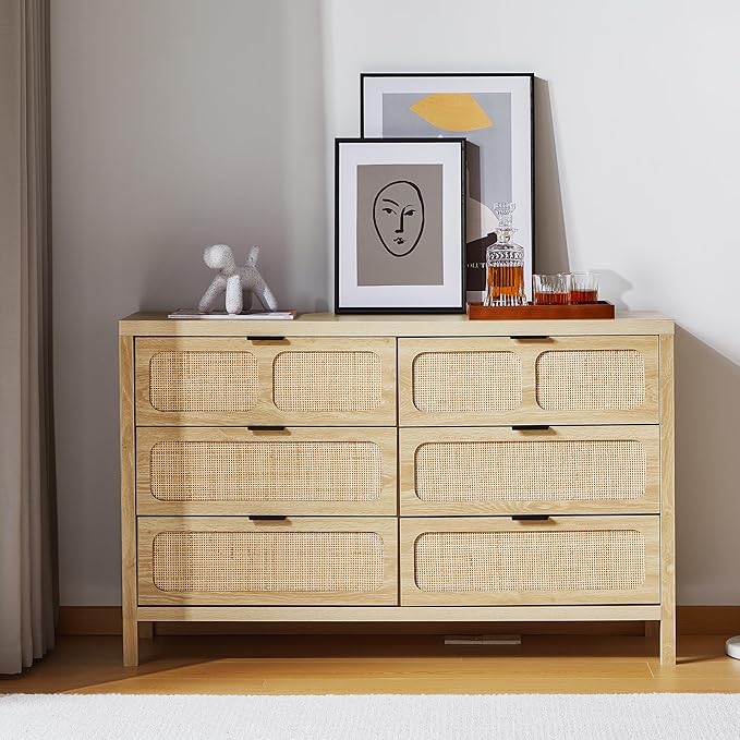 LEVNARY 6 Drawer Dresser for Bedroom, Rattan Dresser Drawer Organizer with Metal Handles, Accent Wood Chest of Drawers for Entryway, Closet, Living Room, Hallway, Nursery (Oak)