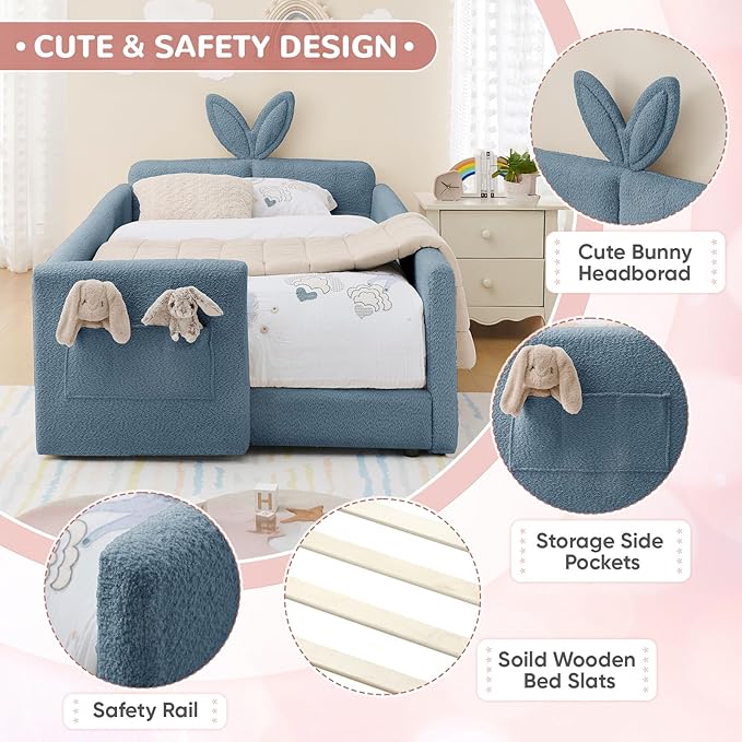 Twin Size Kids Bed with Rabbit Ear Headboard, Upholstered Boucle Fabric Twin Daybed with Slats Support & Side Pockets, Space-Saving Wooden Corner Sofa Couch Bed Frame, for Girls, Boys, Teenager(Blue)