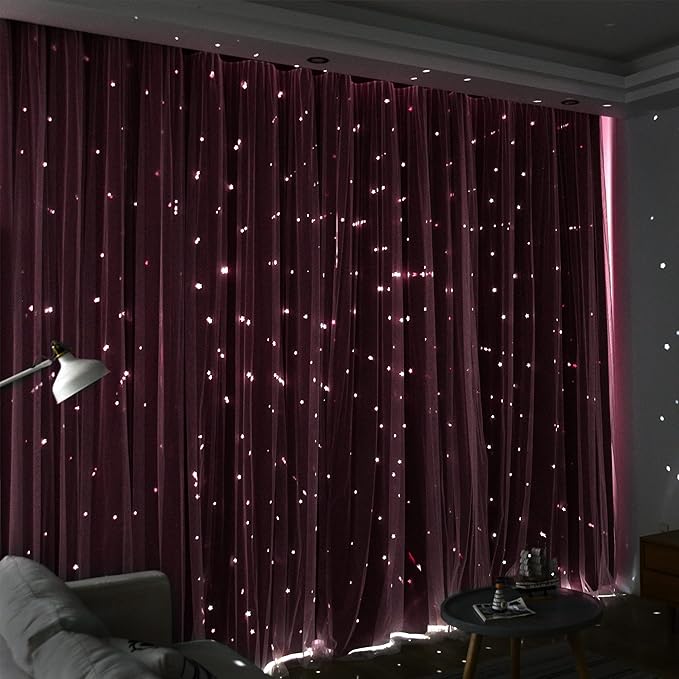 Kinryb Kids Blackout Curtains for Bedroom/Living Room/Classroom, Sheer Overlay 2 Free Tiebacks, Double Layer Curtains with Star Cutout for Kids Room(Each Piece W 70 x L 95 Inches 2 Pcs Red)