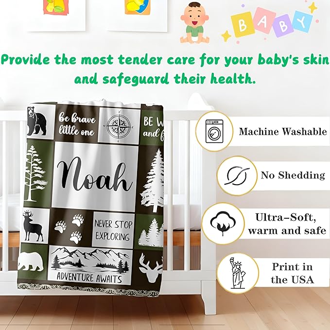 Personalized Baby Blankets with Name, Ships Next Day, Custom Baby Blanket with Letter Words, Soft Cozy Woodland Blankets, Gifts for Boys & Girls Kids Teen, Printed in USA