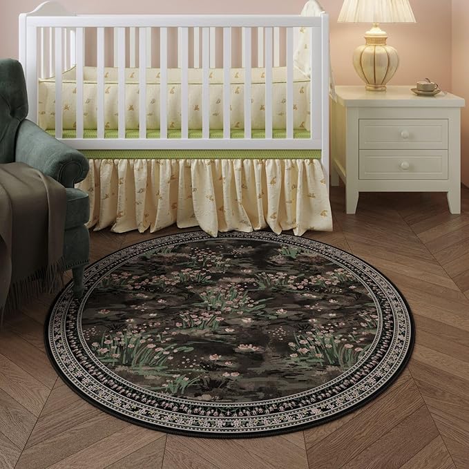 Rugcomf Circle Rug Impressionist-Style Vintage Round Rug 4ft Non Slip Low Pile Small Circular Rug for Bedroom Bathroom Entryway Kids Room Office College Dorm, Black