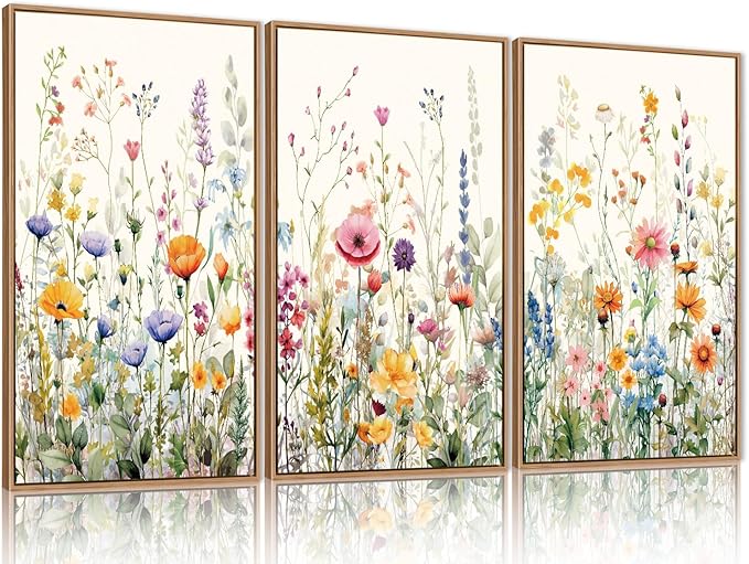 FWIEXA Floral Canvas Wall Art, Framed Wildflower Pictures Wall Decor, Large Flower Prints, Colorful Botanical Artwork, Watercolor Painting 3 Panel 24x36 Inches for Living Room, Bedroom, Office, Home