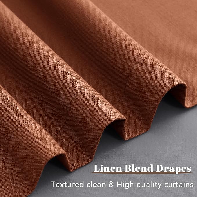 Guken Terracotta Linen 100% Blackout Curtains 90 Inches Long for Living Room 2 Panels Set Linen Textured Black Out Thermal Insulated Soundproof Privacy Back Tab Hook Belt Sorrel Backdrop Drapes 52x90